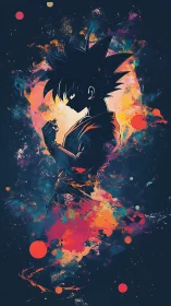 Silhouetted warrior amid neon cosmic particle explosion.