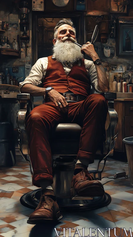 Bearded barber seated in vintage shop interior, holding razor.