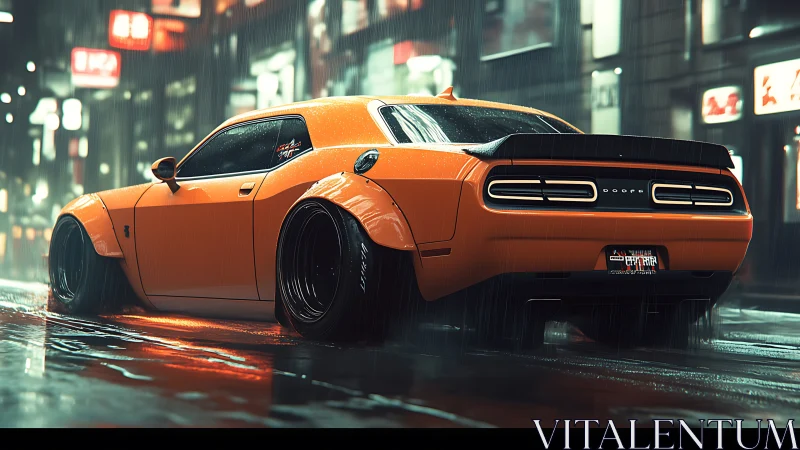 Neon rain crowns an orange muscle car prowling wet streets