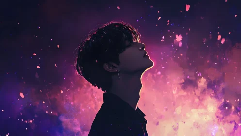 Silhouetted dreamer stands within glowing cosmic petals.