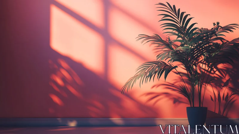 Soft-lit potted palm casts elongated shadows on coral wall