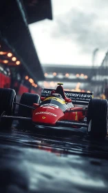 Roaring red Formula car glides through a rainy pit lane