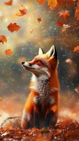 Autumn fox in drifting leaves under soft glowing light.
