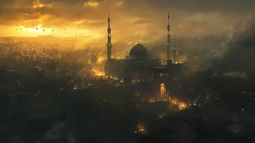 Sunlit domed citadel amid incendiary fog and stratified smoke.