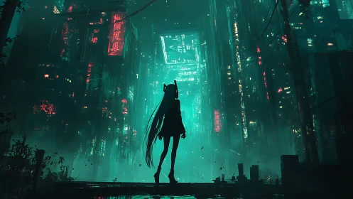 Neon-tailed wanderer adrift in emerald data canyons.