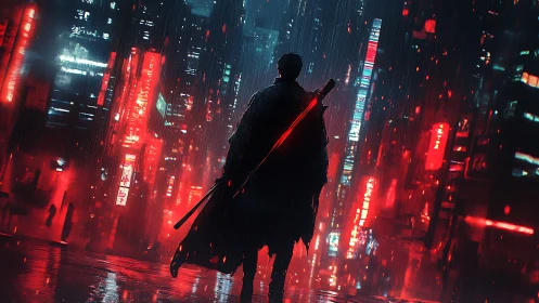 Lone cyberpunk swordsman in neon rain-soaked megacity night.