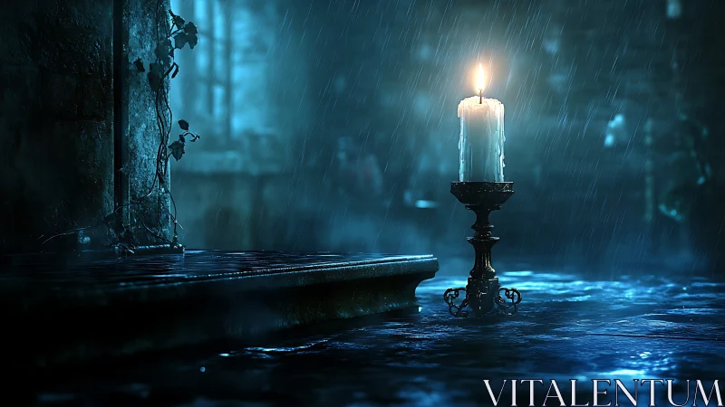 Tall candle on metal stand burns in rain soaked courtyard