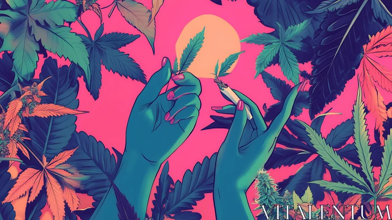 Two stylized hands hold cannabis leaves against neon backdrop