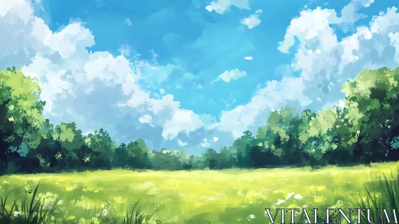 Tree-lined meadow under broad sky with cumulus clouds.