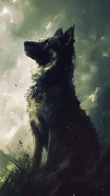 Loyal dog gazes toward a stormy sky with calm strength