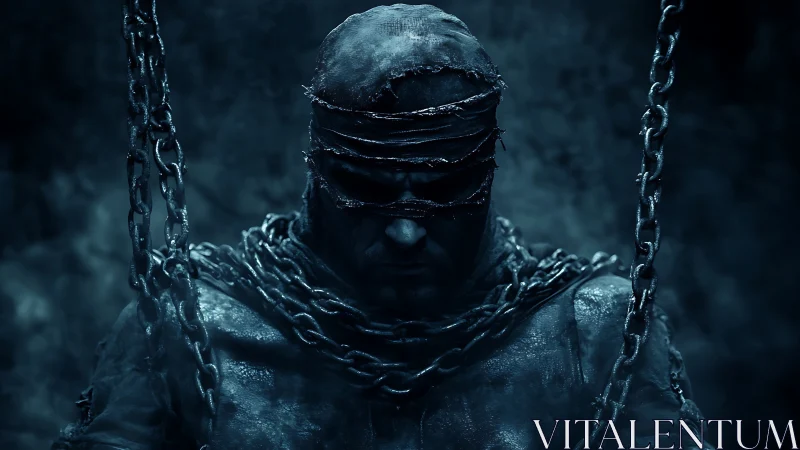 Shrouded sentinel broods beneath chains in frozen midnight glow