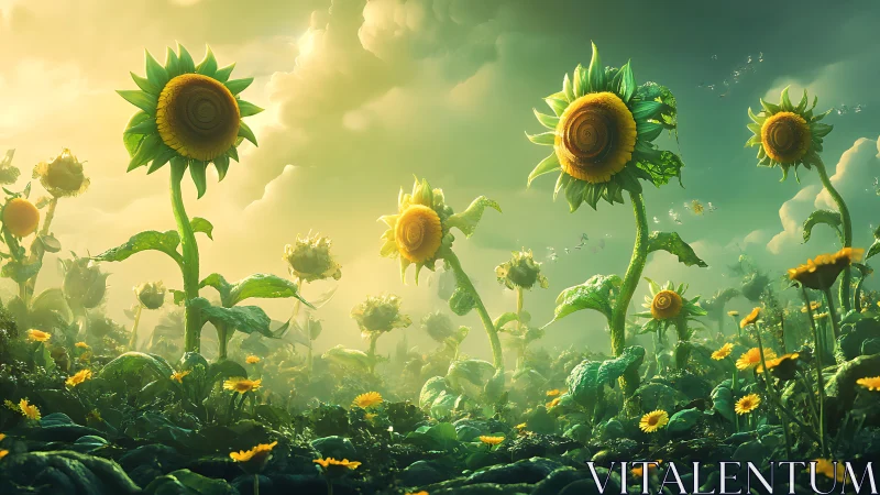 Sunflower field rendered with dramatic backlit atmosphere