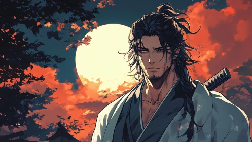 Samurai swordsman under harvest moon with fiery dusk clouds