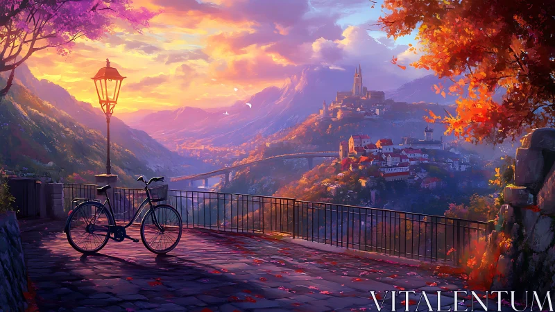 Bicycle overlooks terraced valley town under vivid sunset sky