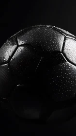 Low-key macro study of wet black football with specular highlights