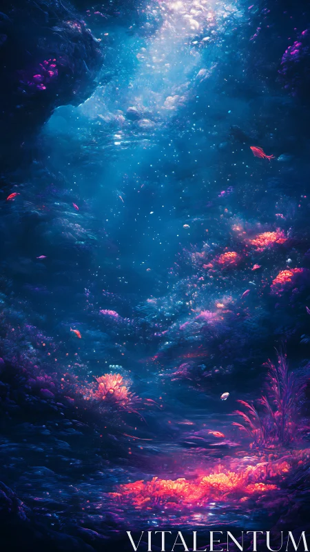 Luminous undersea canyon with radiant neon corals glowing.