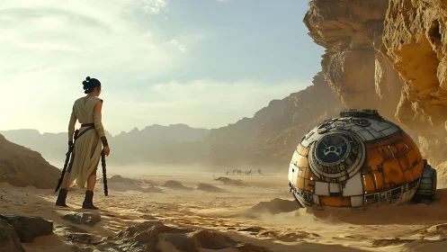 Desert explorer evaluates damaged spherical pod amid eroded cliffs