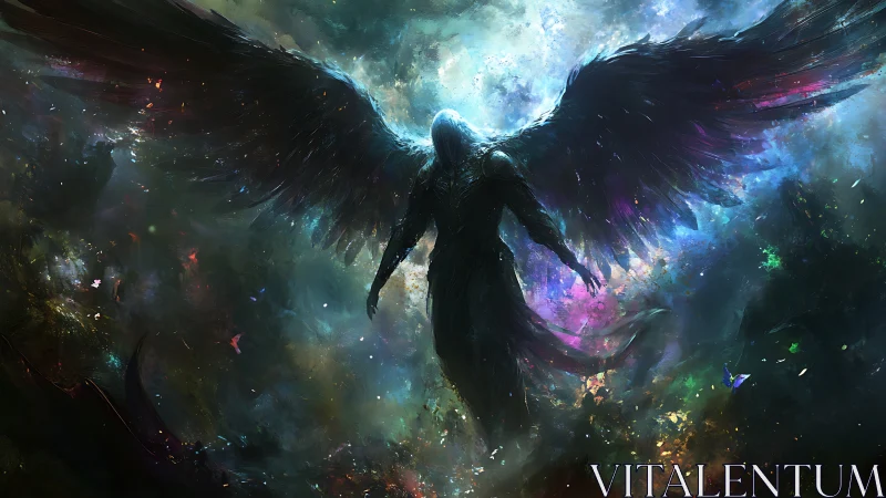 Dark winged figure in luminous cosmic nebula field.