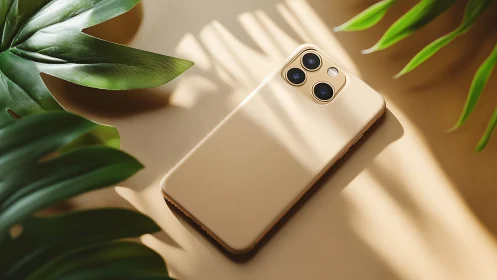 Gold smartphone with triple lens setup displayed on beige surface.