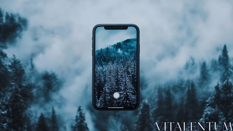 Floating smartphone framing misty blue conifer forest vista