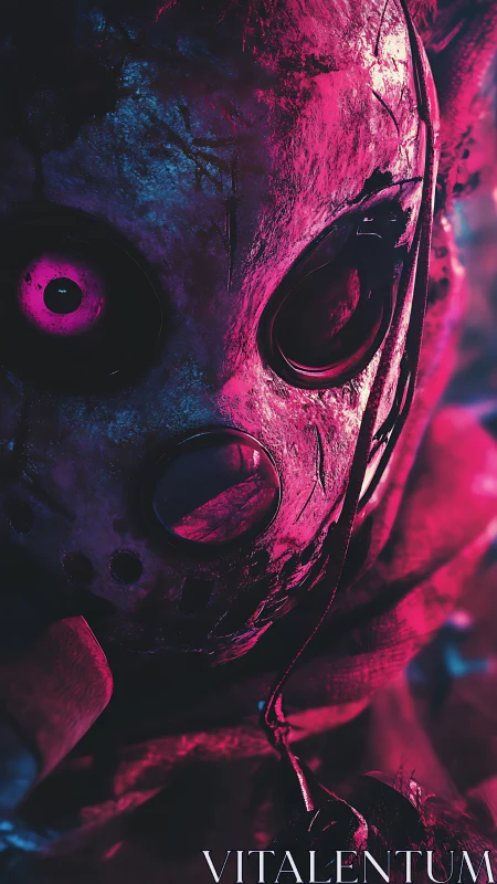 Haunting neon mask stares back with unsettling curious energy