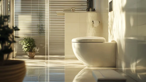 Sunlit minimalist bathroom with wall mounted toilet design.