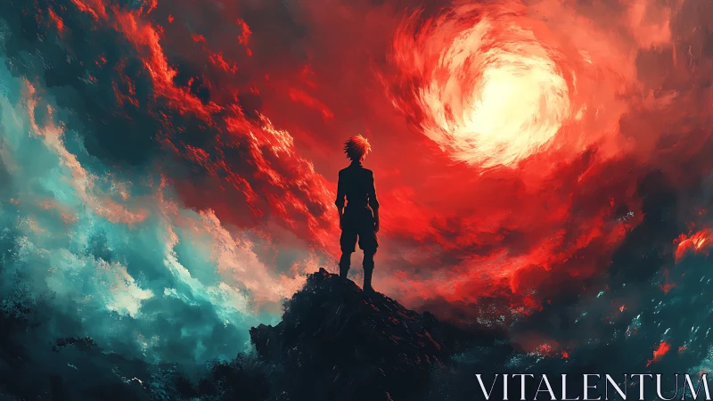 Lone silhouette confronting swirling celestial vortex.