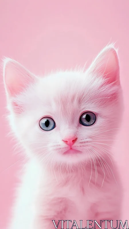 White Kitten with Blue Eyes on Pink Background