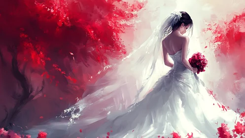 Digital painting of bridal portrait amid crimson blossoms.