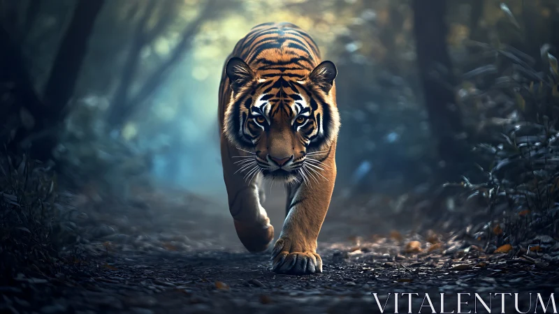 Low-angle stalking tiger rendered with shallow depth and cool bokeh