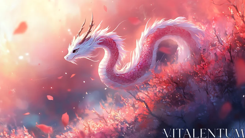 White serpentine dragon moves laterally through dense blossoms