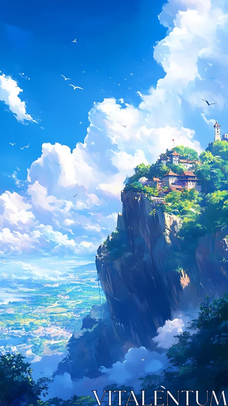 Vertical panorama shows cliffside town under deep cumulus sky