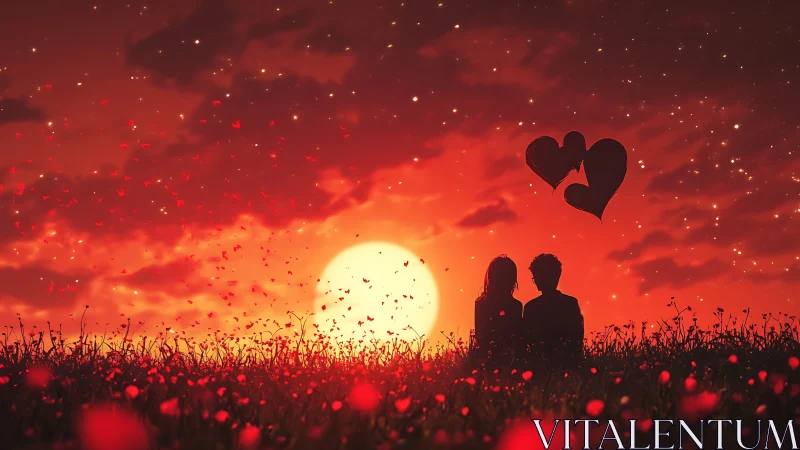 Silhouetted couple embracing beneath luminous sunset with floating heart iconography.