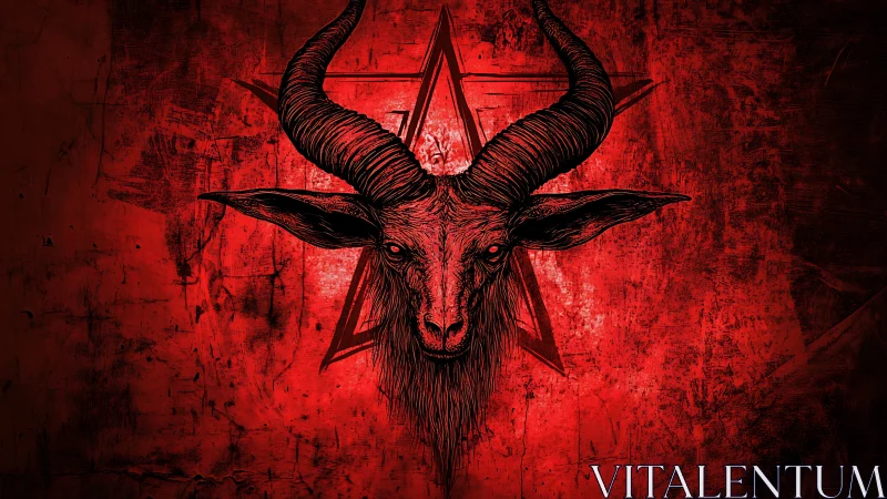 Goat skull illustration over red pentagram textured field.