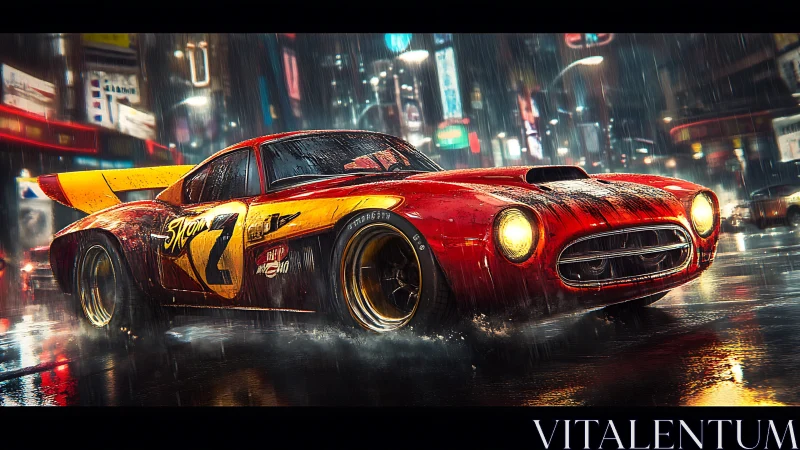 Midnight street racer slicing through a neon city storm.