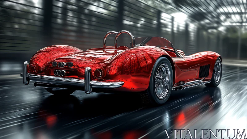 Chrome-lined scarlet roadster blurs through a glass tunnel