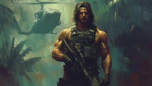 Jungle commando strides forward under a looming helicopter