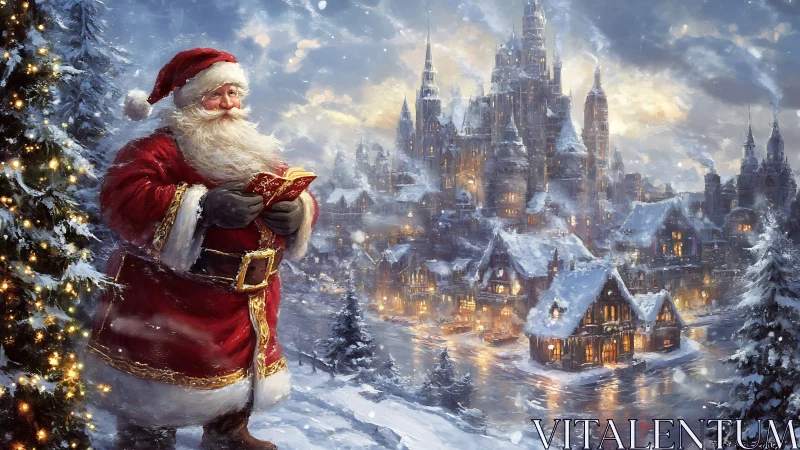 Santa reads list beside illuminated snowy fantasy citadel.