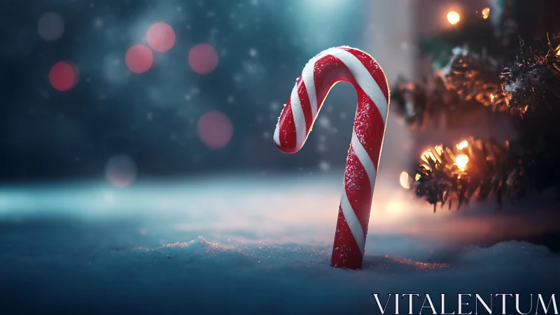 Candy cane standing in snow beside glowing tree lights.