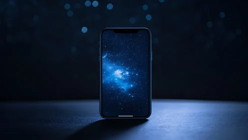 Smartphone display as luminous deep-space visualization portal.