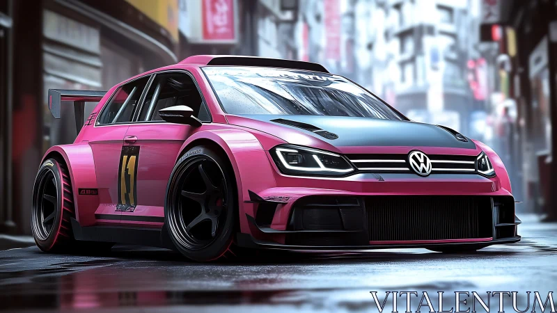 Neon-pink street racer prowls a rain-glossed urban circuit.