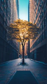 Solitary street tree aligned between tall urban buildings.