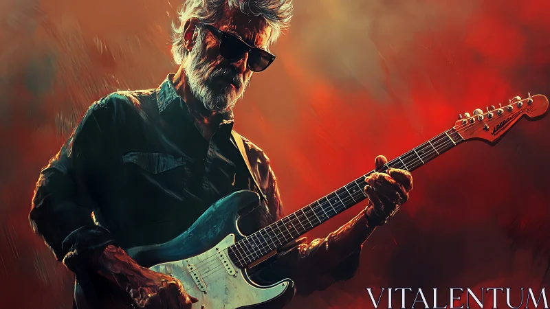 Gritty stage lighting wraps a soulful guitarist in bold color