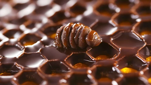 Macro view of insect larva on glossy honeycomb cells in liquid