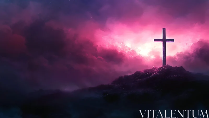 Cross silhouette on hill under vivid pink and purple sky.