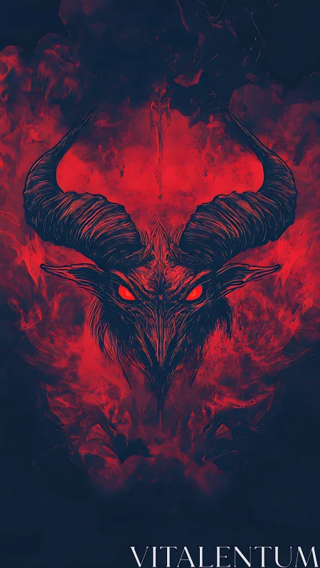 Infernal horned demon skull in red smoke on deep black field
