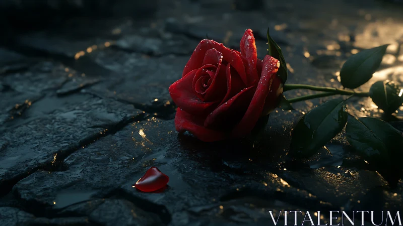 Red rose on wet cobblestone ground with fallen petal detail.