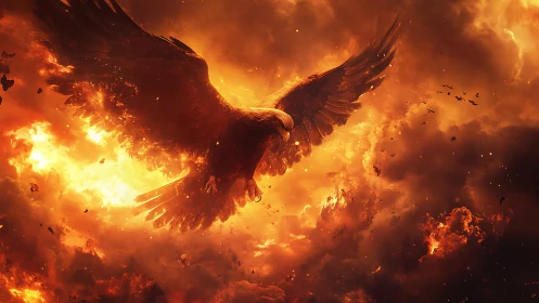 Majestic Eagle Soaring Through Fiery Skies in Dramatic Fantasy Art.