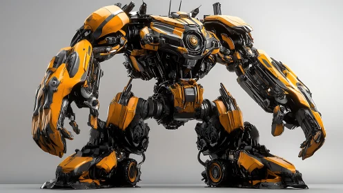 Yellow industrial combat mech in neutral studio setting.