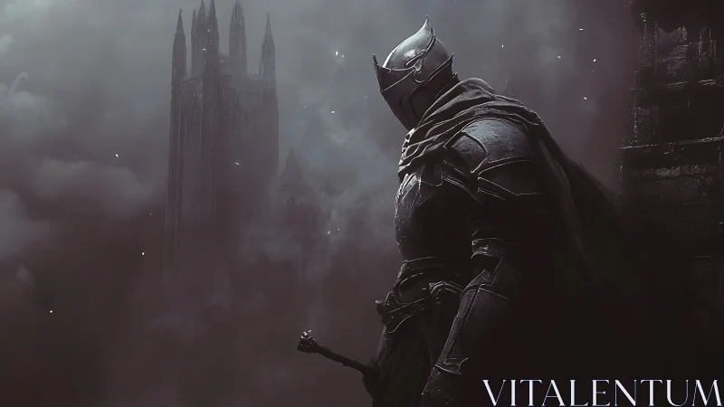 Armored knight surveys gothic citadel in desaturated mist